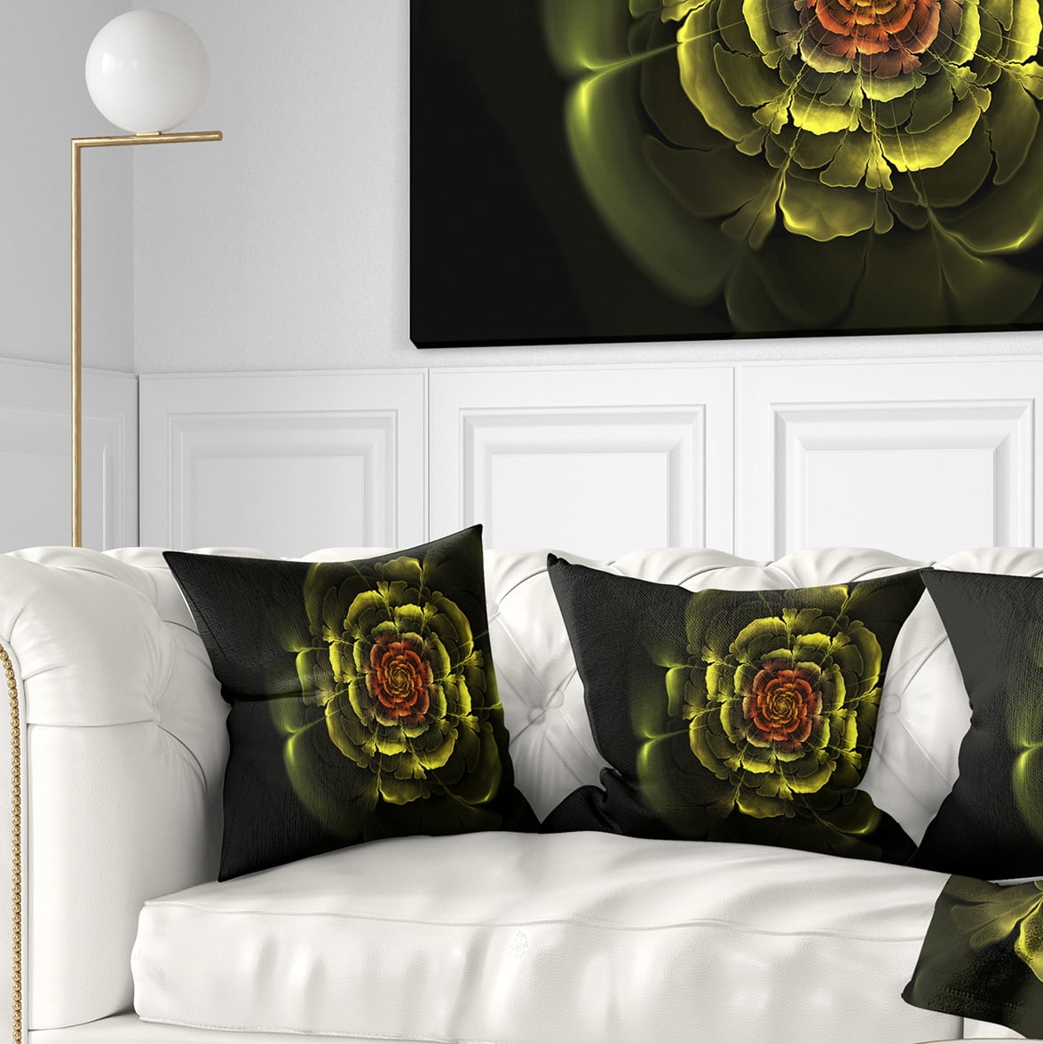 Designart Fractal Yellow Rose in Dark - Floral Throw Pillow - 16x16