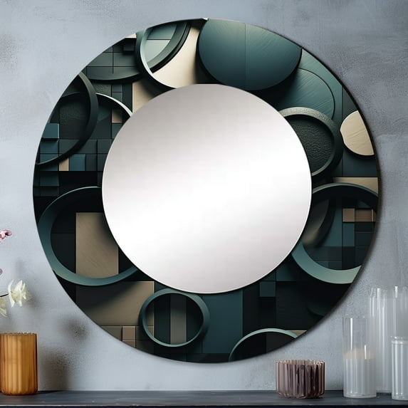 Designart "Fragmented Forms Teal Abstraction" Cubism Rund Mirror For Wall Decor - Large Teal Round Print Mirror - Round Modern Mirror 36" x 36" Inch - Wall Mounted Round Large Mirror