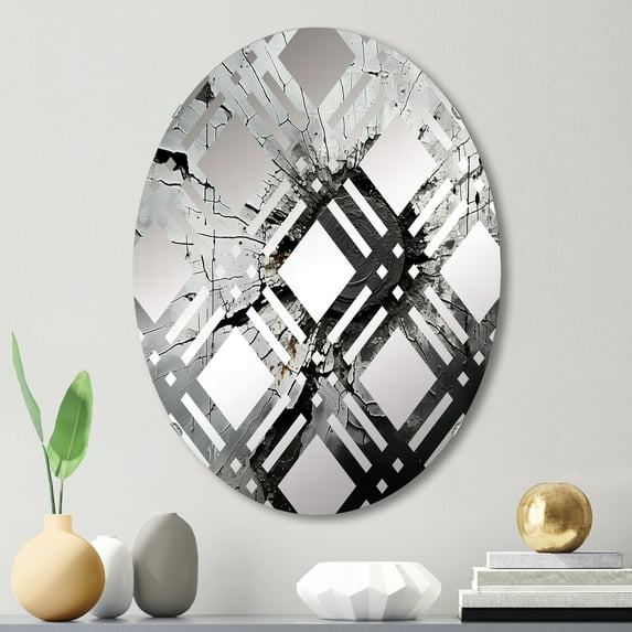 Designart "Fragmented Grey Geode Art I" Spiritual Stone Plaid Round Wall Mirror - Spiritual Oval Printed Decorative Mirror - Multiple Color Options