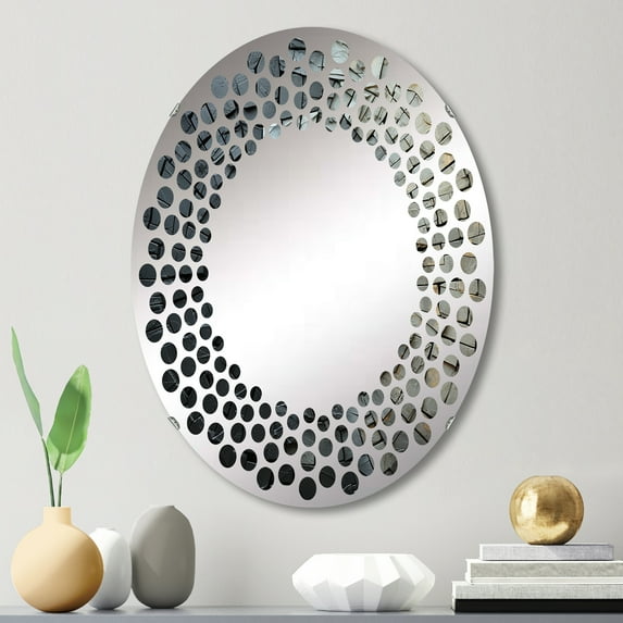Designart "Fragmented Grey Geode Art III" Spiritual Stone Polka Dot Round Wall Mirror - Spiritual Oval Printed Decorative Mirror - Multiple Color Options