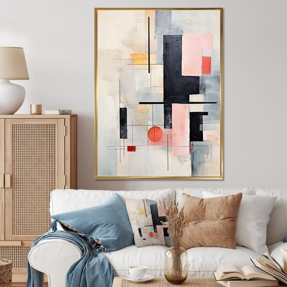 Designart "Fragmented Harmony Beige Pink Suprematism I" Abstract Floater Framed Canvas Print