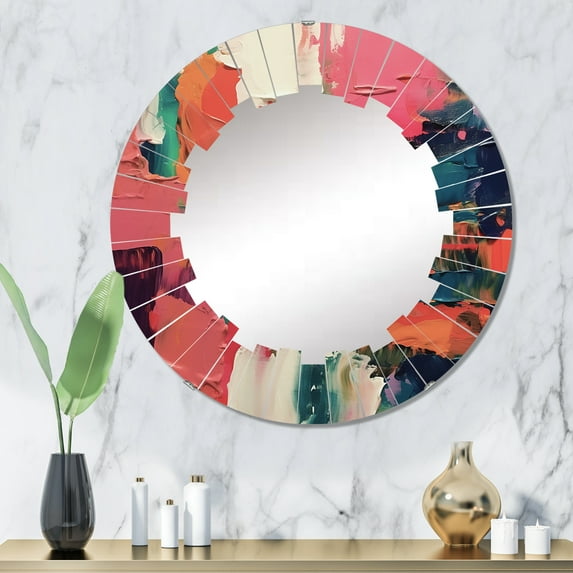 Designart "Fragments Of Reality Pink Blue Abstraction" Abstract Round Wall Mirror - Modern Oval Printed Decorative Oversized Mirror - Multiple Color Options