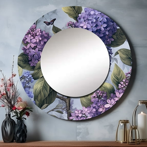 Designart "Fragrant Blossoms in Purple Lilacs II" Floral Purple Large Round Mirror - Round Mirror Wall Décor - Traditional Round Printed Mirror 29" x 29" Inch