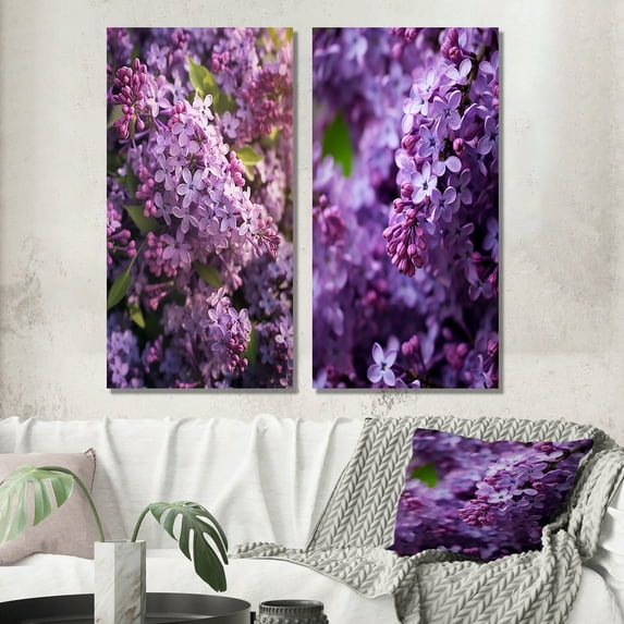 Designart "Fragrant Blossoms in Purple Lilacs V" Floral Wall Art Set Of 2 - Purple Floral Canvas Set For Living Room Decor