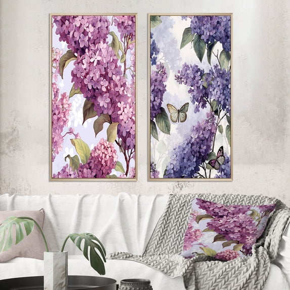 Designart "Fragrant Flowers in Purple Lilac IV" Floral Framed Wall Art Set Of 2 - Purple Floral Gallery Wall Frame Set For Home Decor