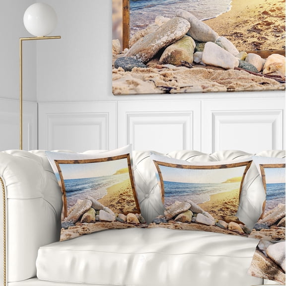 Designart Framed Effect Beach Rocks - Seashore Throw Pillow - 16x16