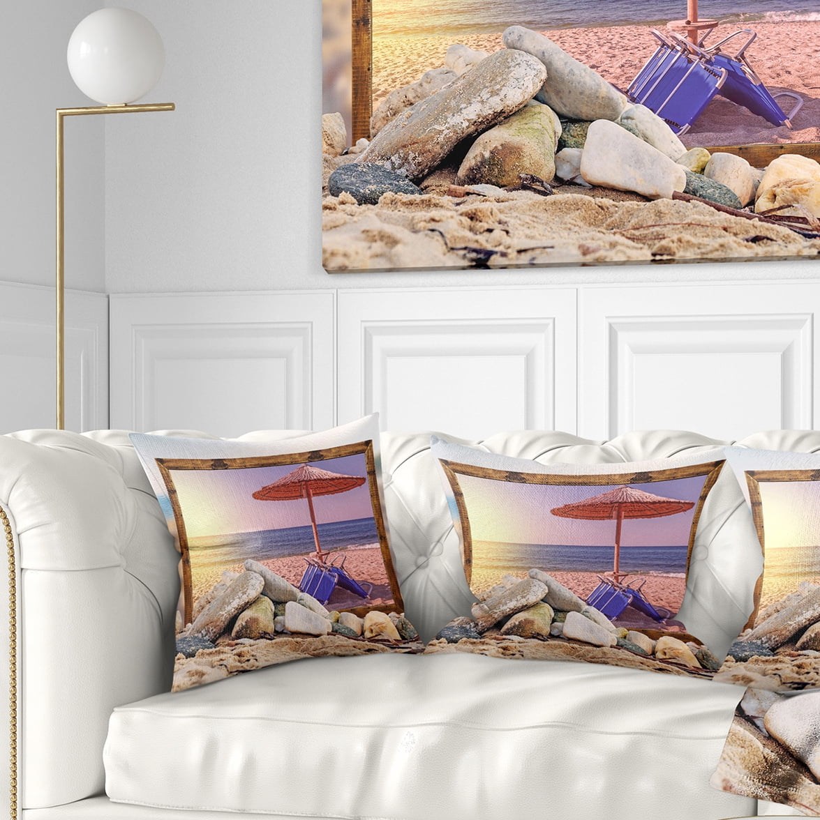 Designart Framed Effect Beach Sunset - Seashore Throw Pillow - 18x18