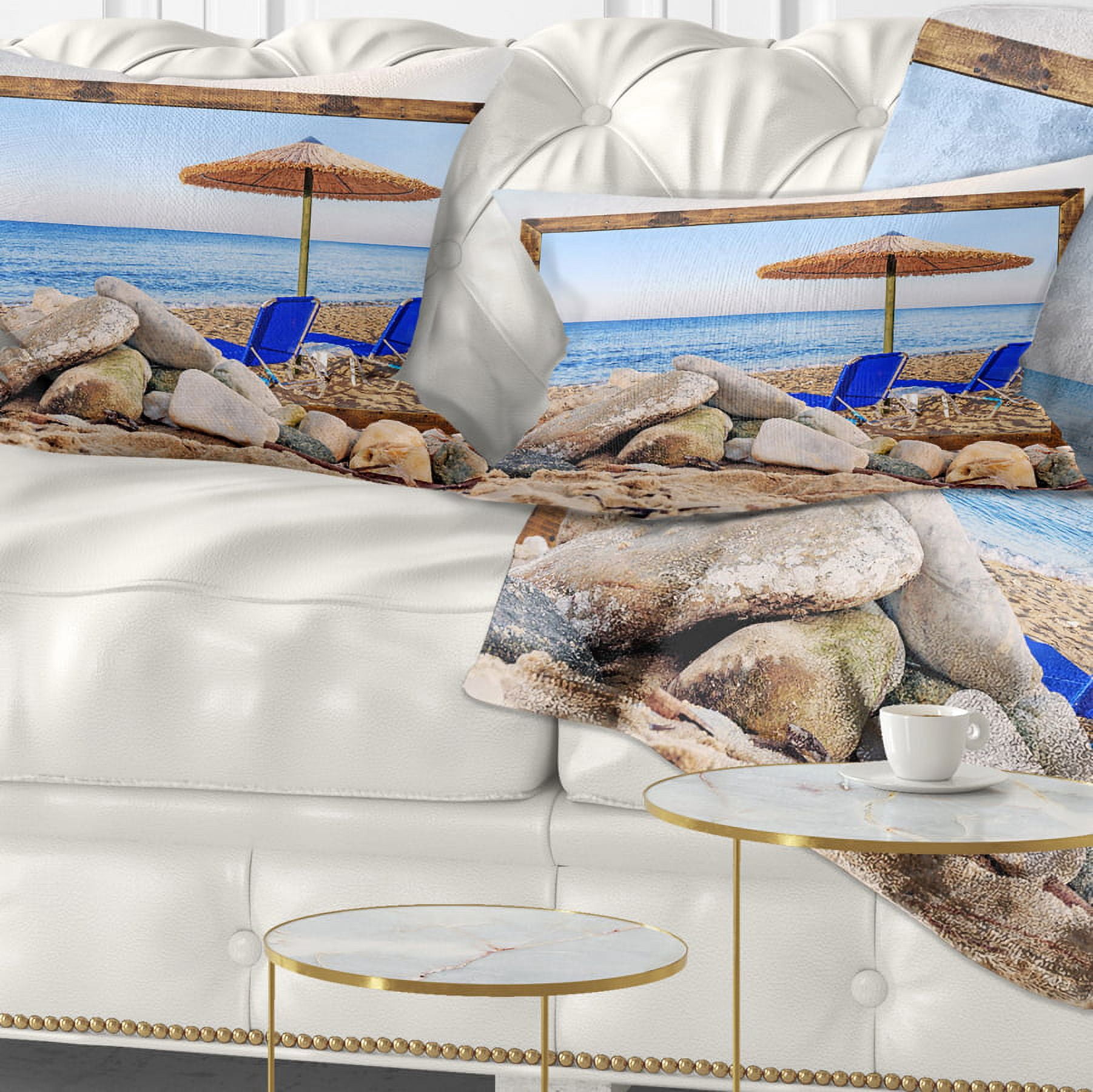 Designart Framed Effect Beach with Chairs Umbrella - Seashore Photo Throw Pillow - 12x20