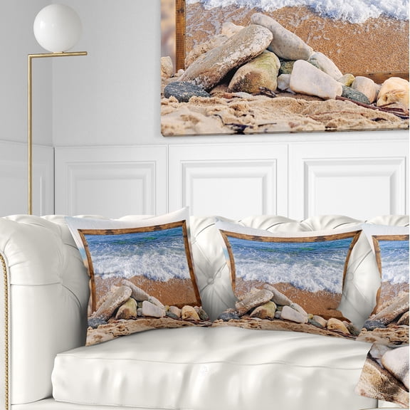 Designart Framed Effect Waves and Rocks - Seashore Throw Pillow - 18x18