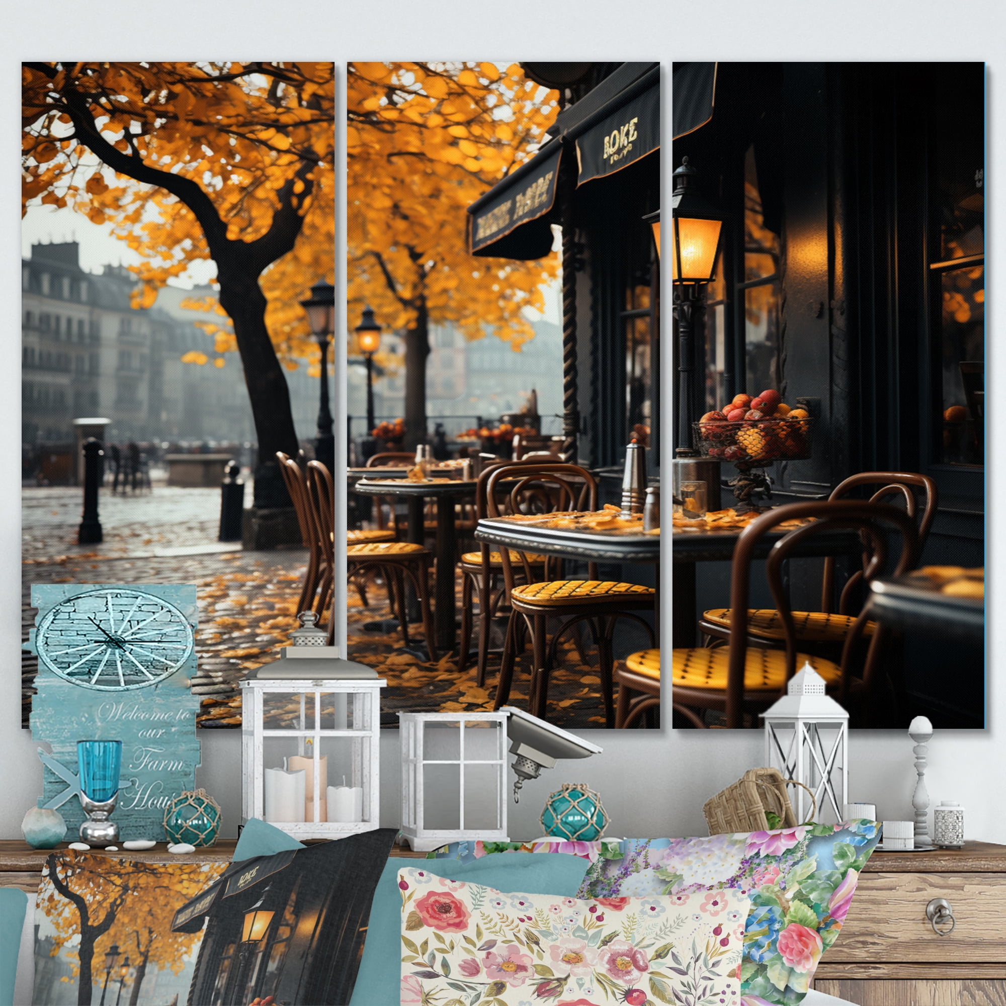 Parisian Cafe Charm Metal Wall Art Set in Autumn Colors