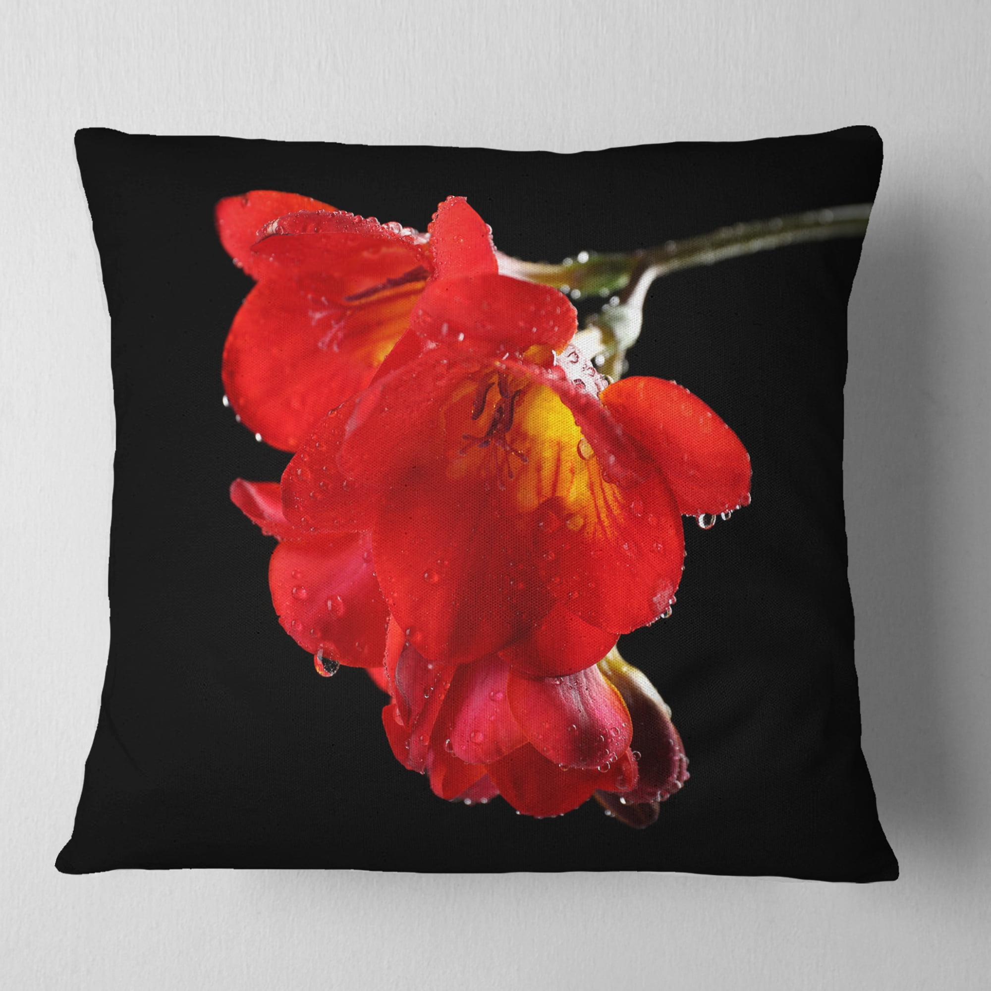 Designart Freesia Flower on Black Background - Floral Throw Pillow - 16x16