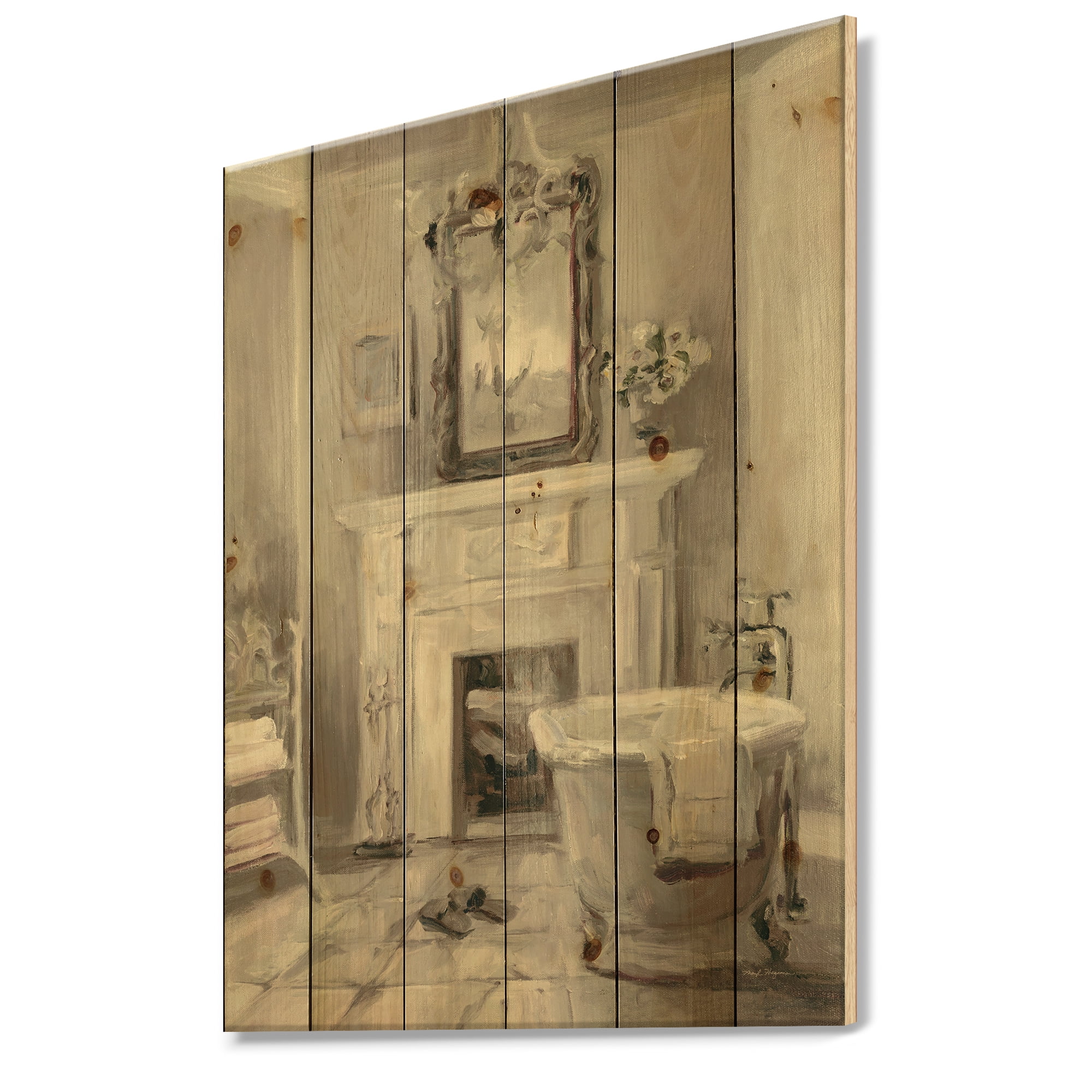 Designart 'French Bathroom Vintage I' Traditional Bathroom Print on Natural Pine Wood