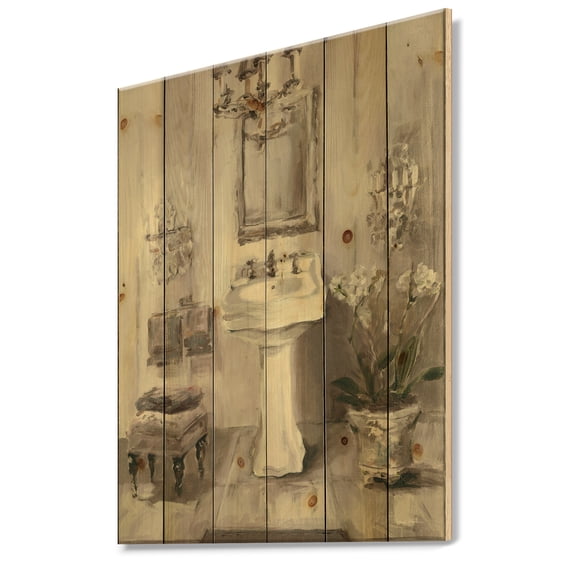 Designart 'French Bathroom Vintage II' Traditional Bathroom Print on Natural Pine Wood