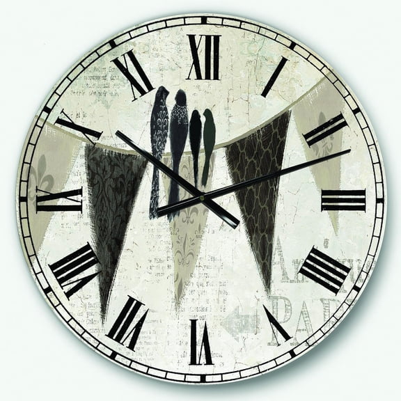 Designart French Bird Flea Market 23" x 23" Gray Analog Round French Wall Clock, CLM31171-C23