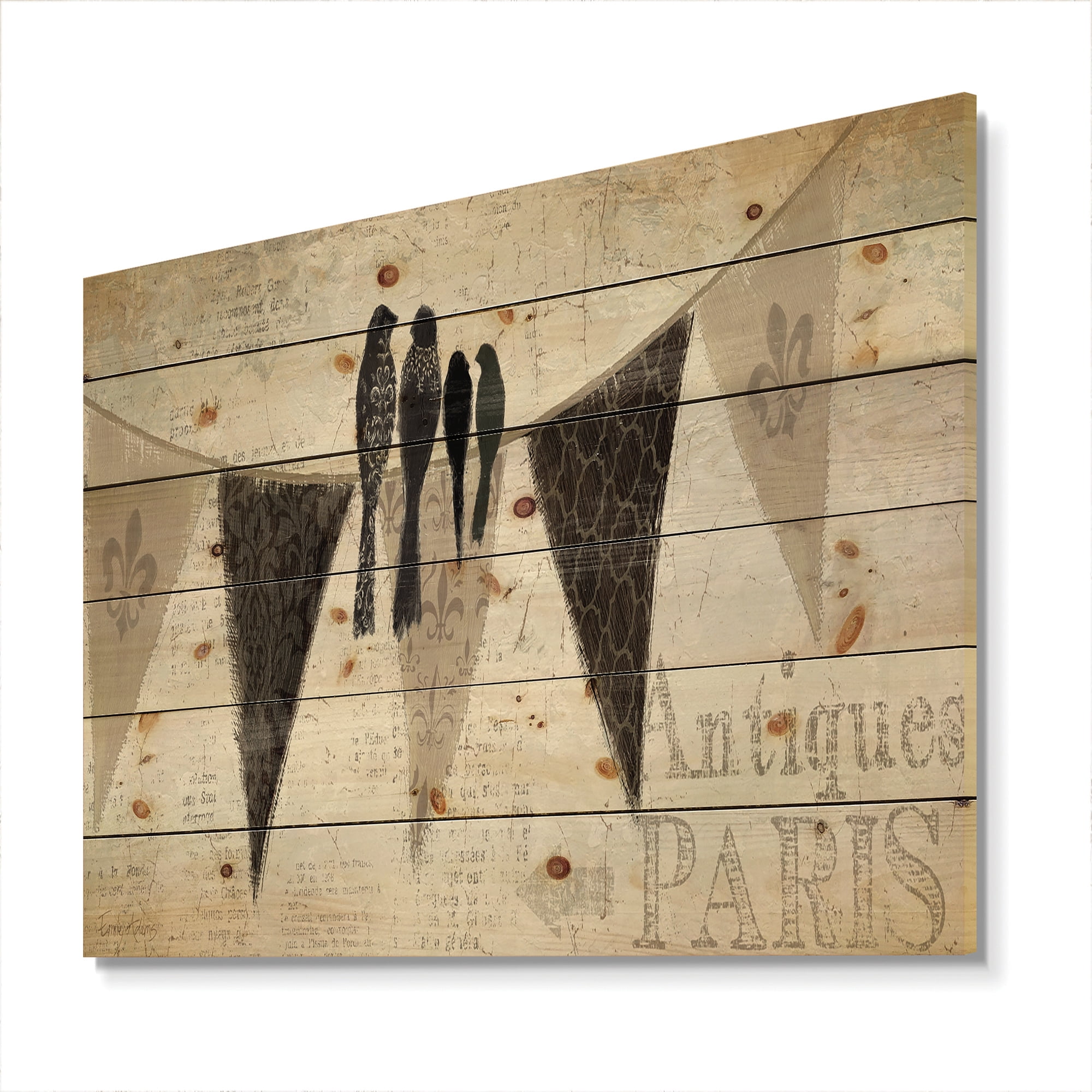Designart 'French Bird Flea Market III' Farmhouse Print on Natural Pine Wood