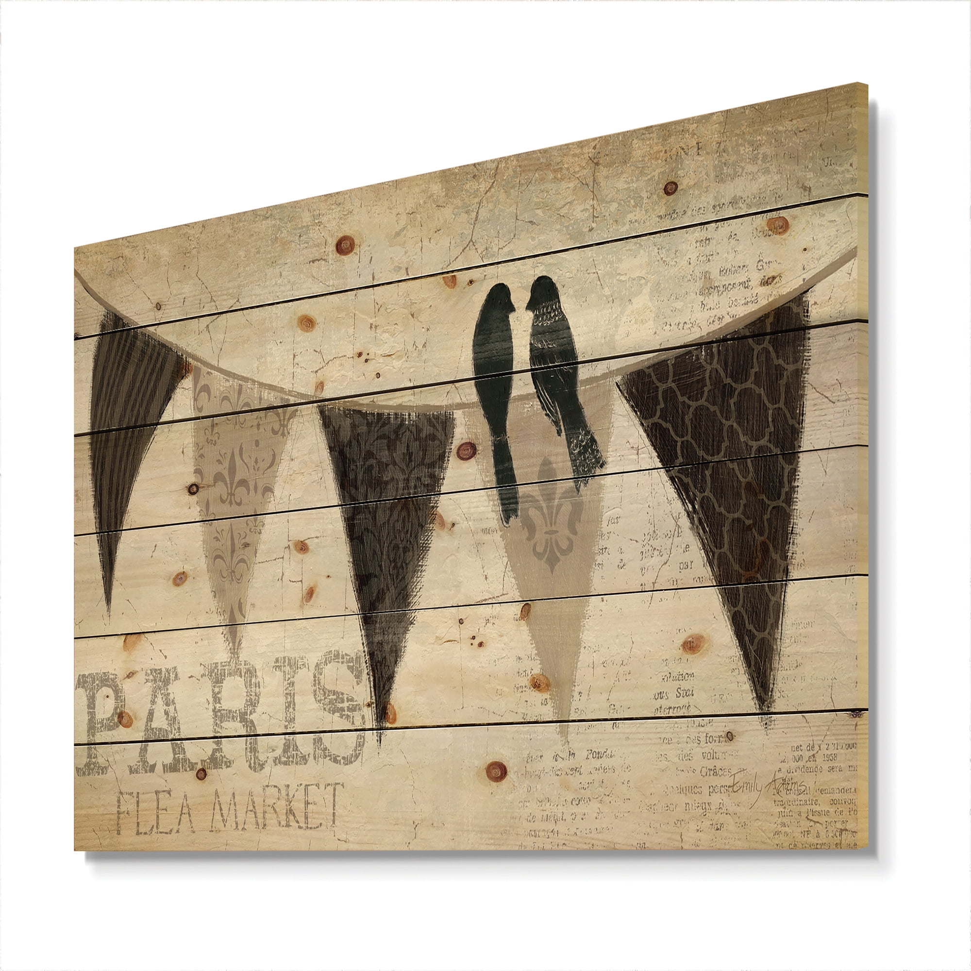 Designart 'French Bird Flea Market IV' French Country Print on Natural Pine Wood
