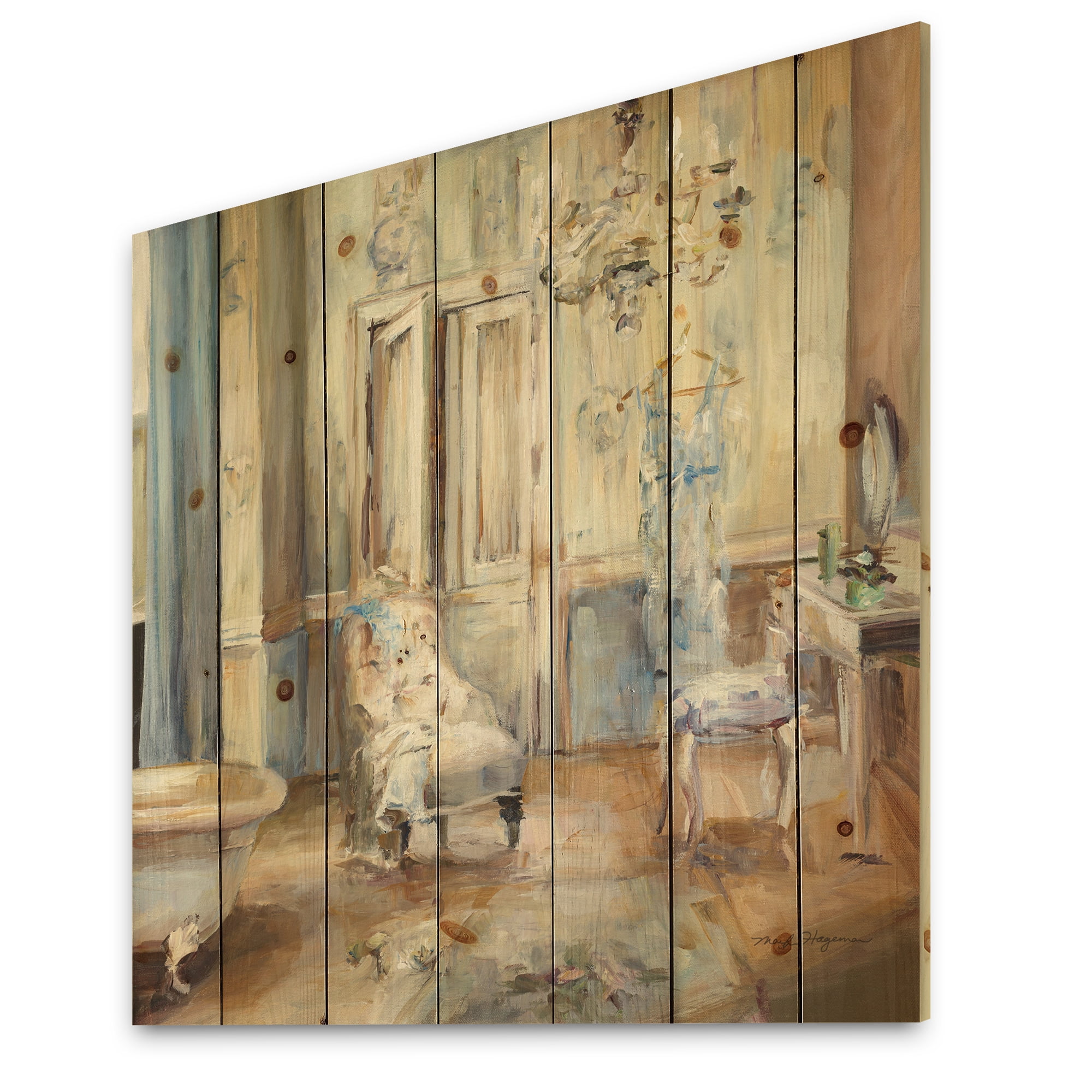 Designart 'French Boudoir Bath I' Traditional Bathroom Print on Natural Pine Wood