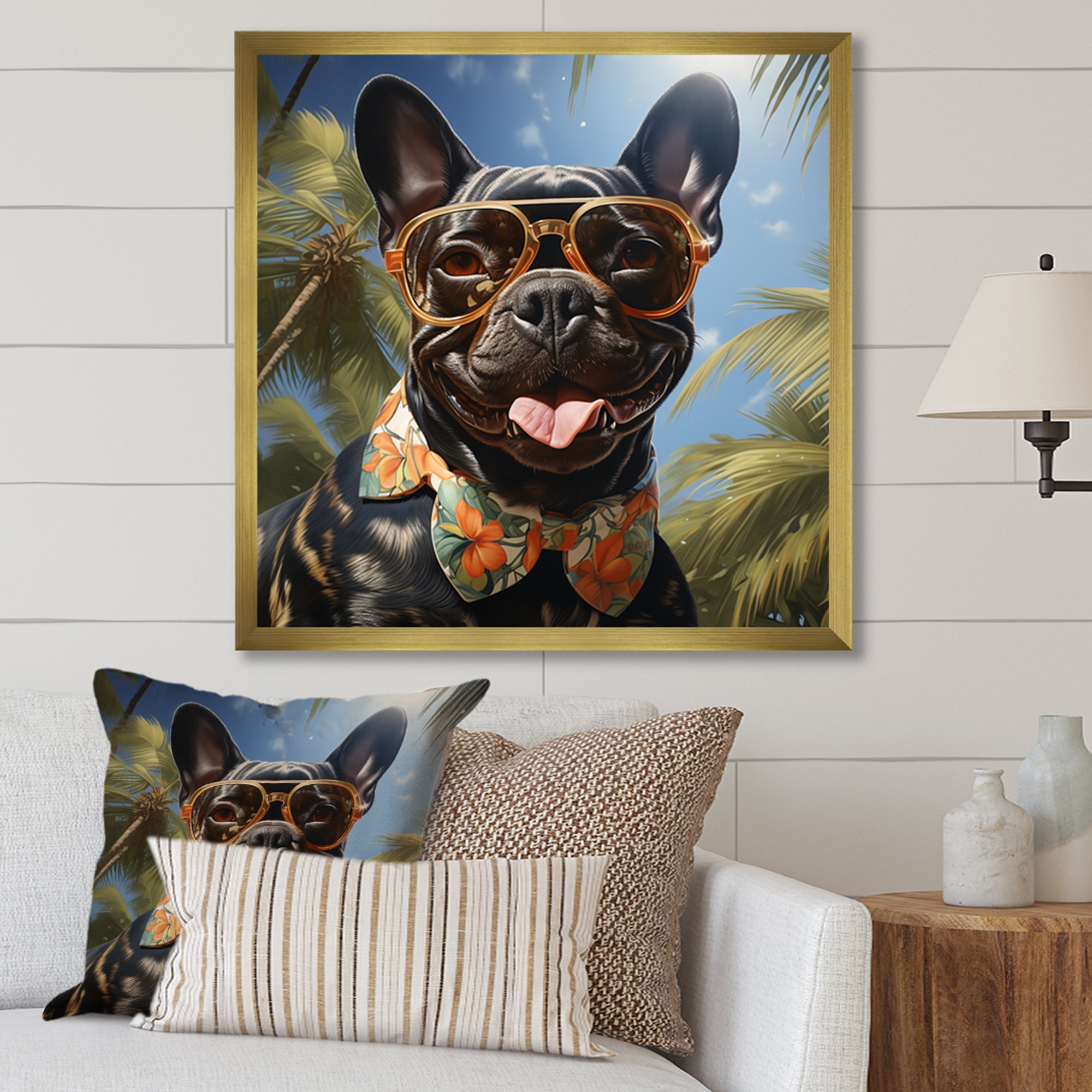 Designart "French Bulldog in Miami III" Animals Framed Wall Art Decor
