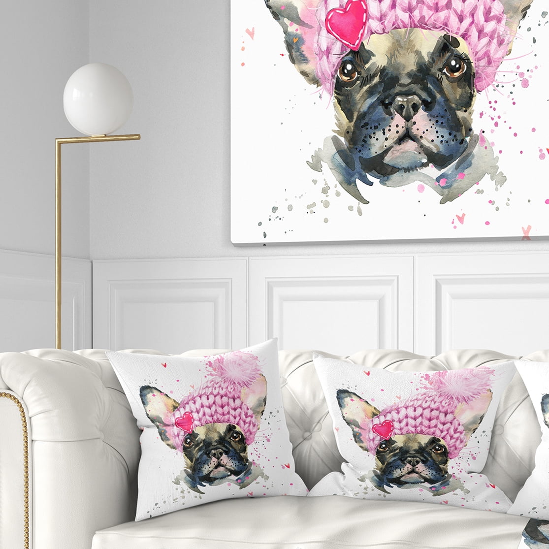 Designart French Bulldog with Pink Hat - Contemporary Animal Throw Pillow - 16x16