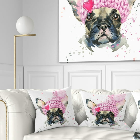Designart French Bulldog with Pink Hat - Contemporary Animal Throw Pillow - 18x18