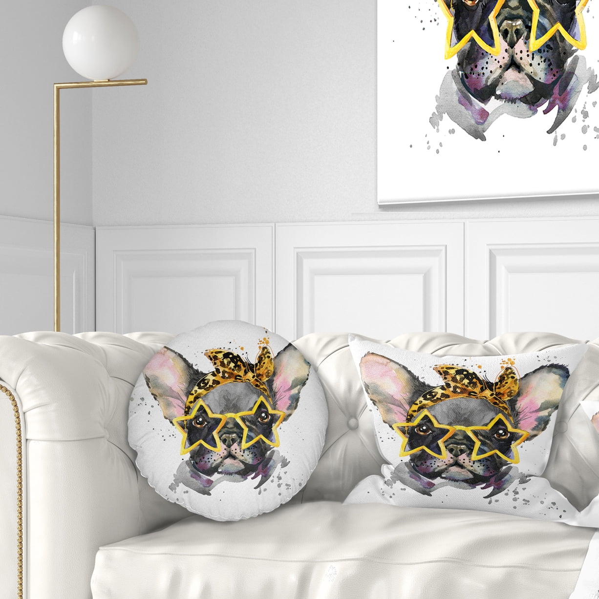 Designart French Bulldog with Star Glasses - Animal Throw Pillow - 12x20