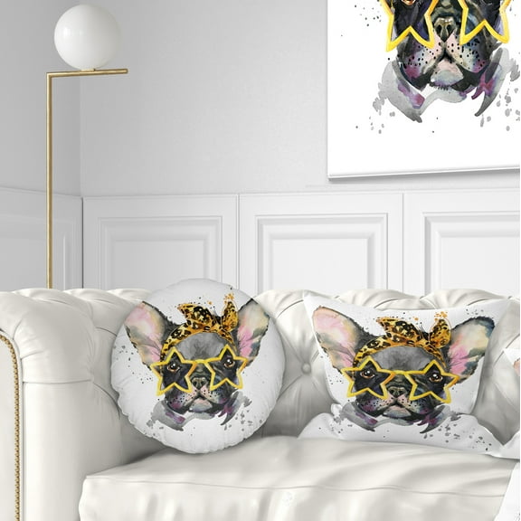 Designart French Bulldog with Star Glasses - Animal Throw Pillow - 12x20