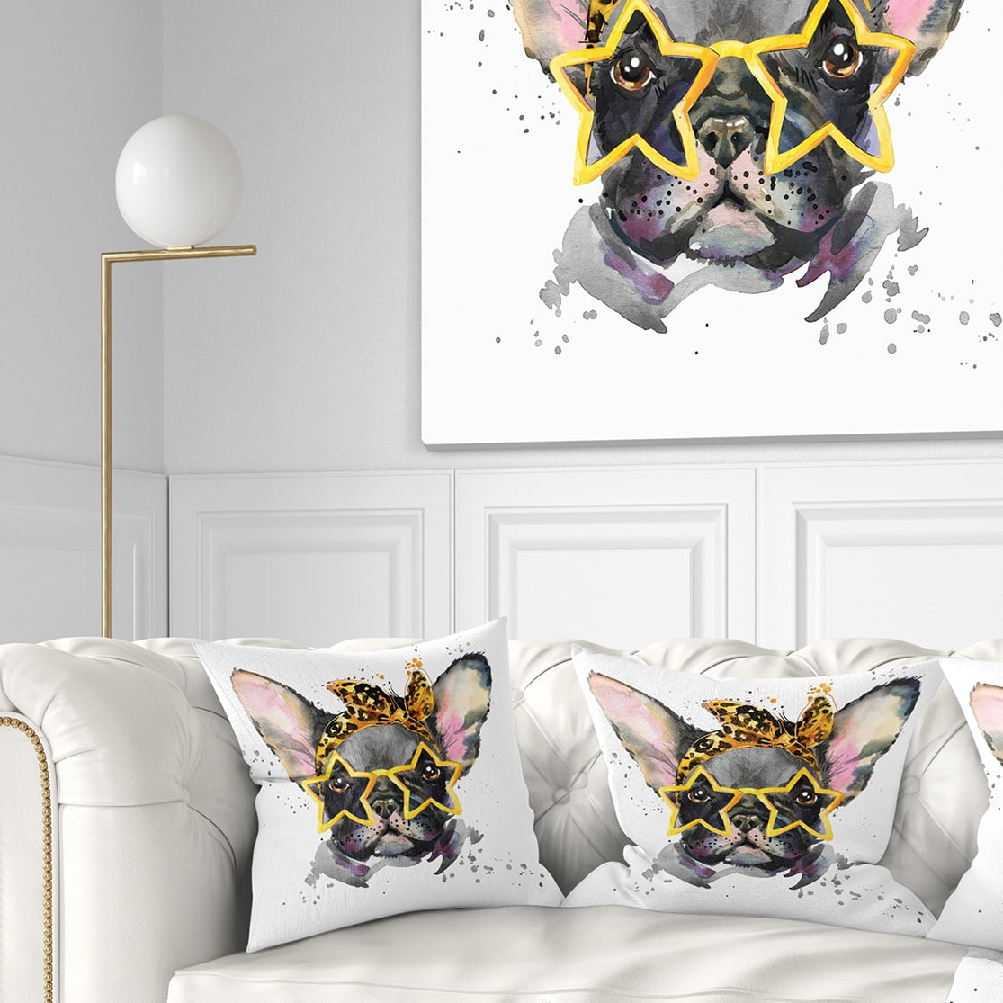 Designart French Bulldog with Star Glasses - Animal Throw Pillow - 16x16