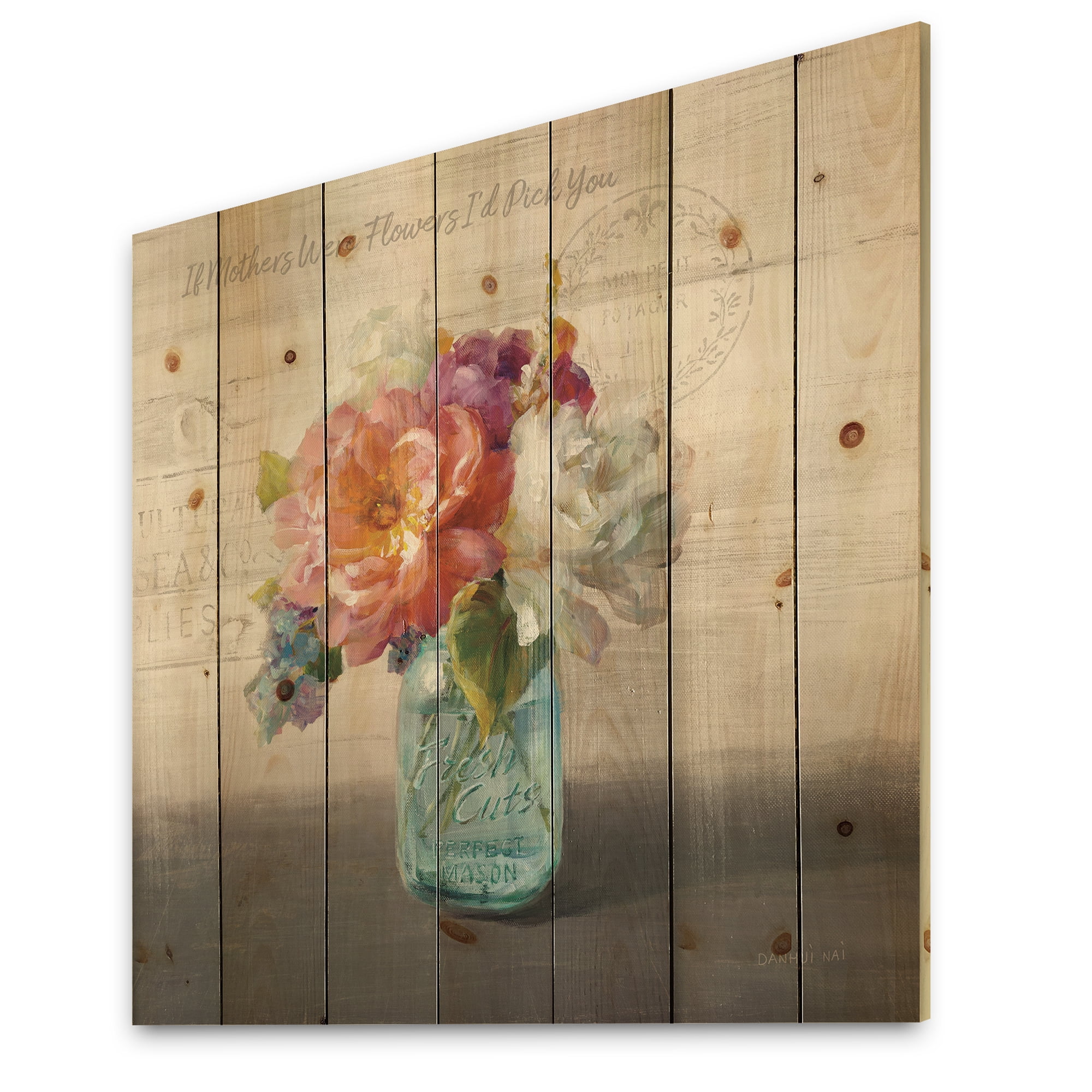Designart 'French Cottage Bouquet In Glass Jar Mothers' Cottage Print on Natural Pine Wood