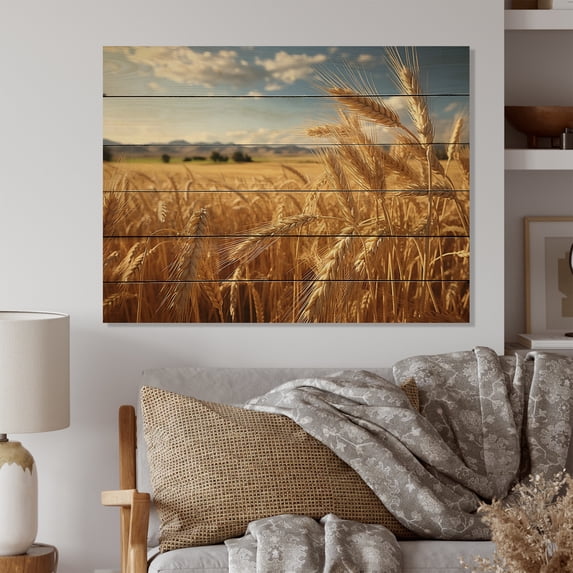 Designart "French Golden landscapes Of Britany I" Farm Print on Natural Pine Wood