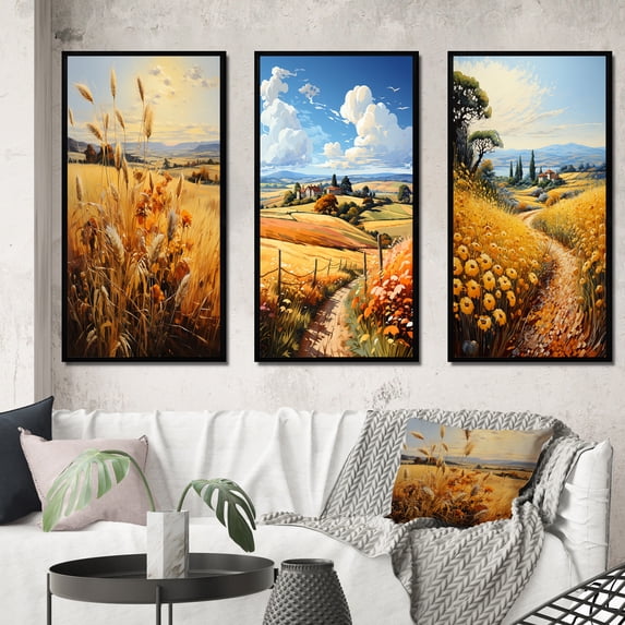 Designart "French Golden landscapes Of Britany IV" France Framed Wall Art Set Of 3 - Yellow France Frame Canvas Set For Living Room Decor