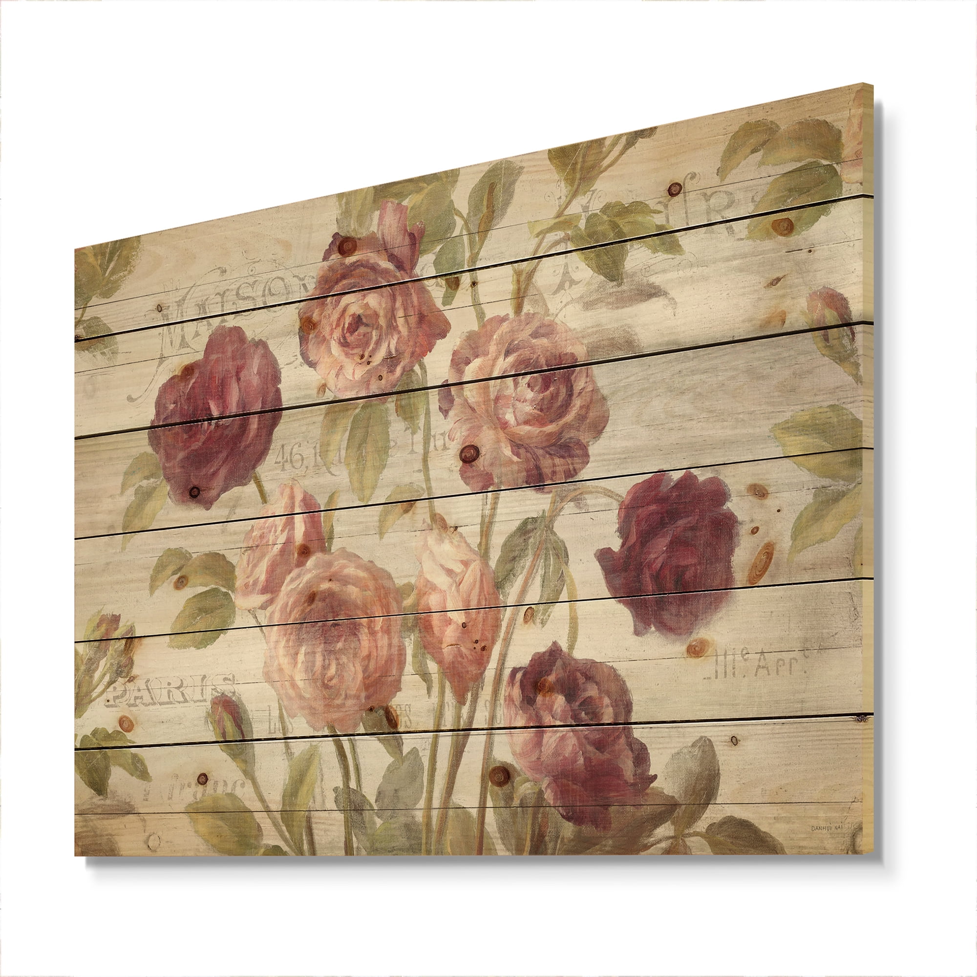 Designart 'French Roses I' Farmhouse Print on Natural Pine Wood