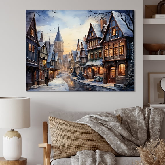 Designart "French Village Winter Sunset Glow" Landscapes Wall Art - Traditional Brown Winter Landscape Bedroom Canvas Wall Art