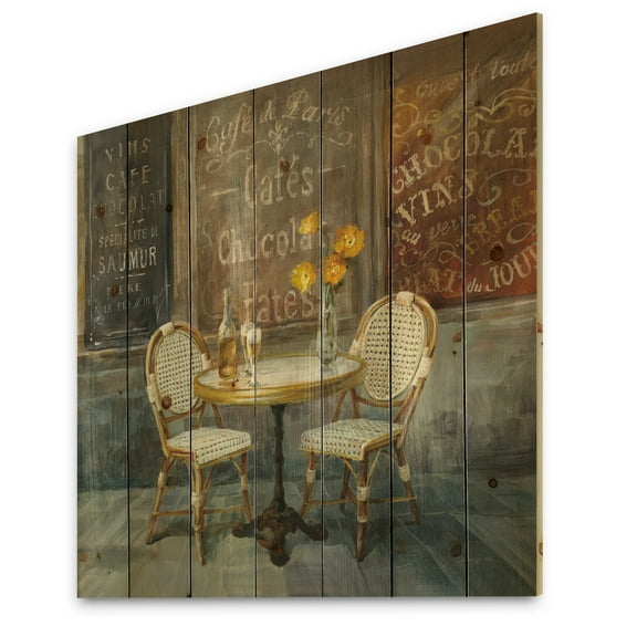 Designart 'French Vintage CafÃ© ' Traditional Print on Natural Pine Wood