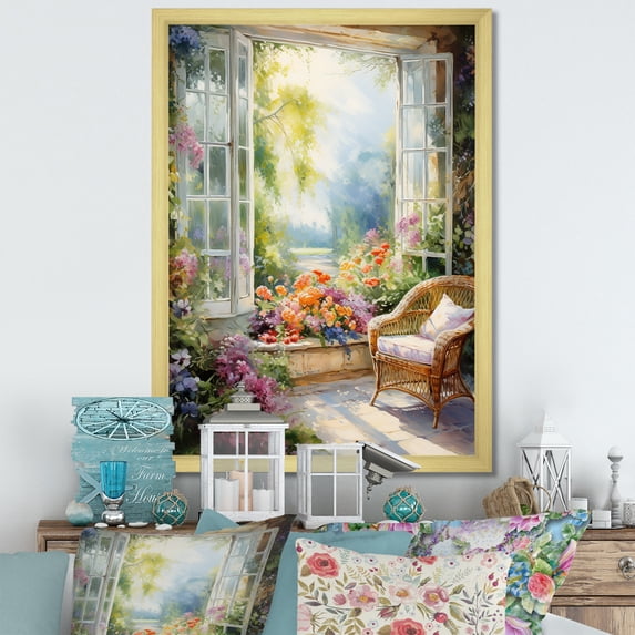 Designart "French Window View in Orange and Green III" Floral Framed Wall Art - Traditional Green Window Living Room Framed Canvas Art