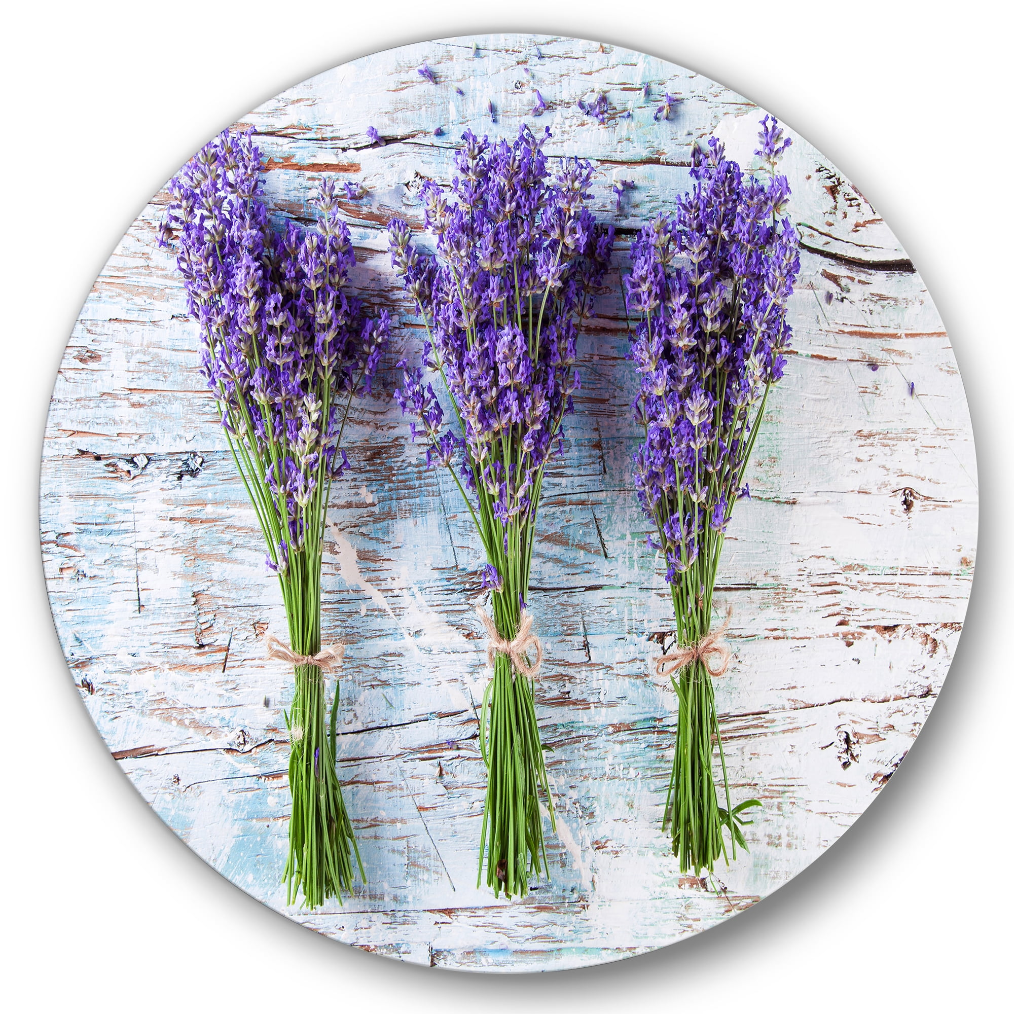 Designart 'Fresh Lavender Bouquets On Wood' Farmhouse Circle Metal Wall Art 36x36 - Disc of 36