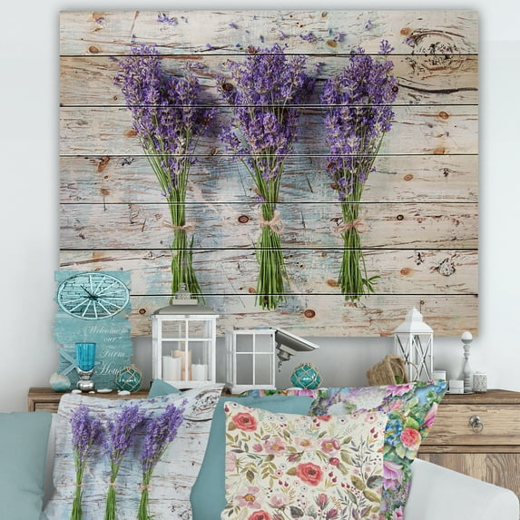 Designart 'Fresh Lavender Bouquets On Wood' Farmhouse Print on Natural Pine Wood