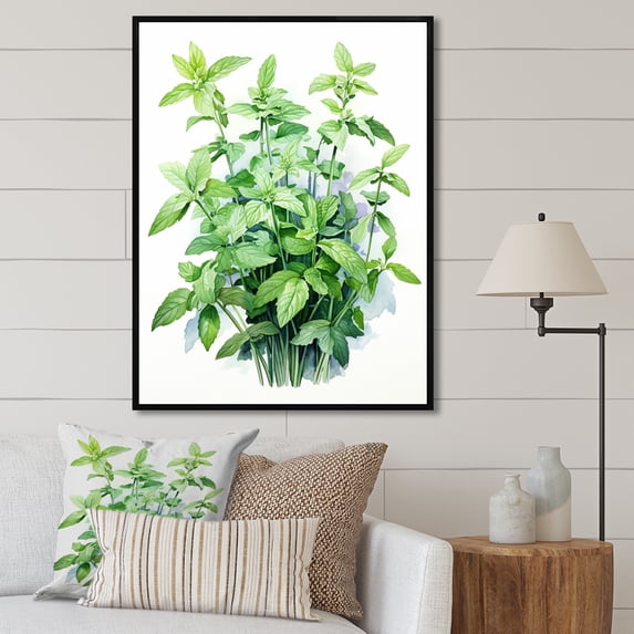 Designart "Fresh Mint Herbs I" Floral Framed Wall Art - Traditional Green Herbs Entryway Framed Wall Art Print