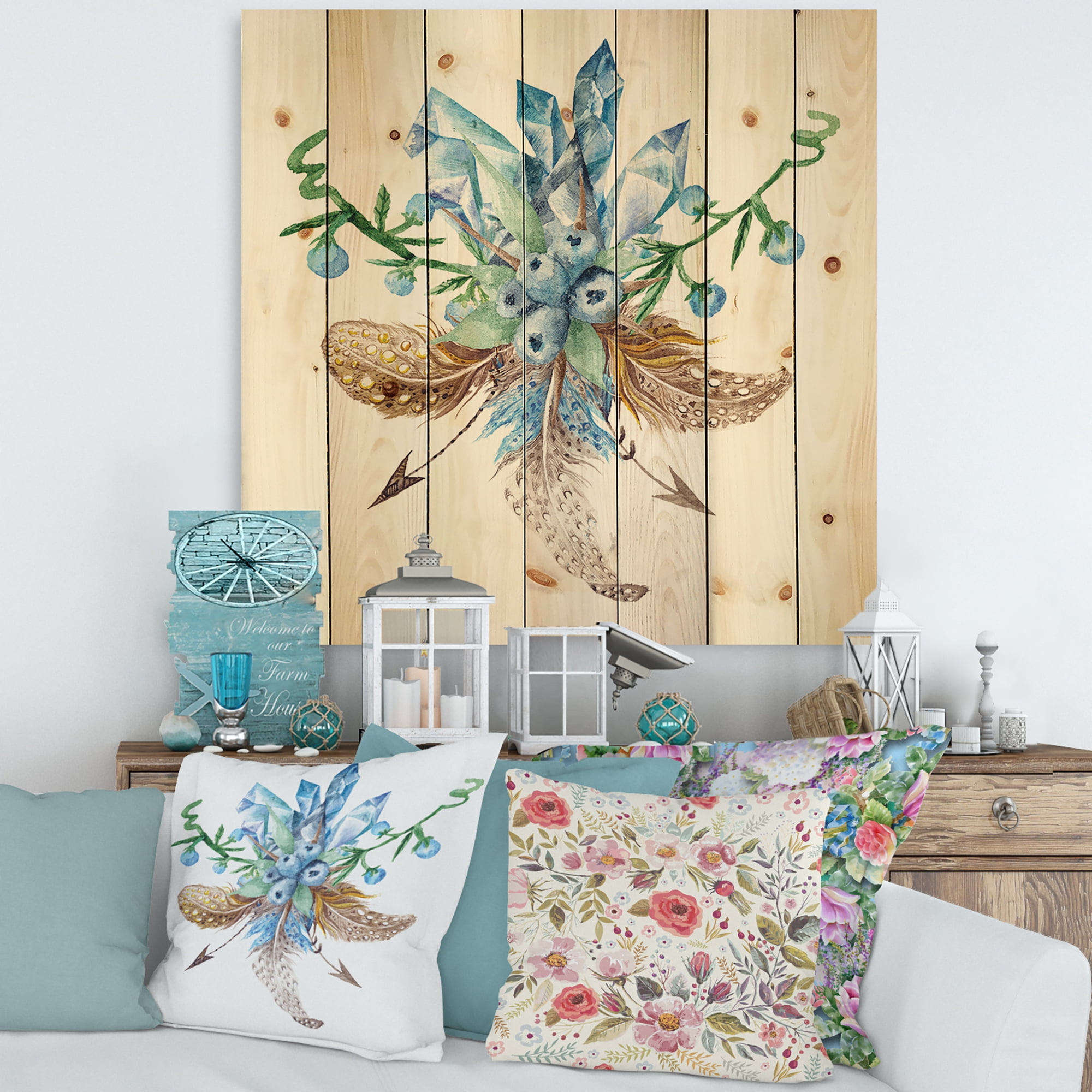 Designart 'Fresh Tribal Vignette Wild Forest Wreath Design On White I' Traditional Print on Natural Pine Wood