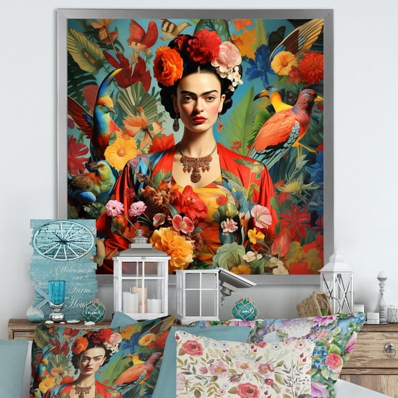 Designart "Frida's Floral Masterpiece Colorful Creations I" People Framed Wall Art Decor - Global Red Mexican Art Entryway Framed Wall Art