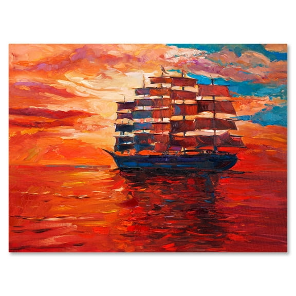 Designart ' Frigat During Red Evening Glow On The Ocean Horizon ' Nautical & Coastal Canvas Wall Art Print