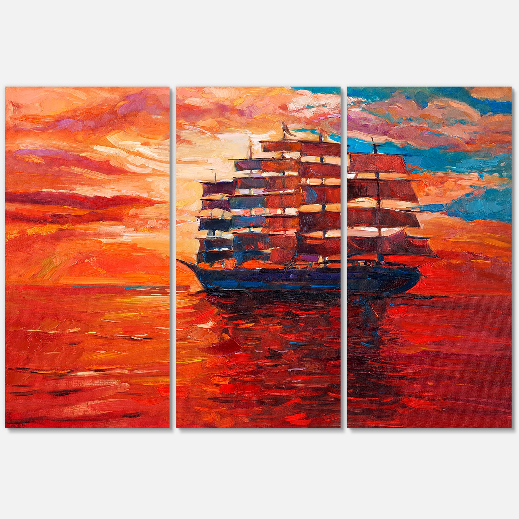 Designart ' Frigat During Red Evening Glow On The Ocean Horizon ' Nautical & Coastal Canvas Wall Art Print