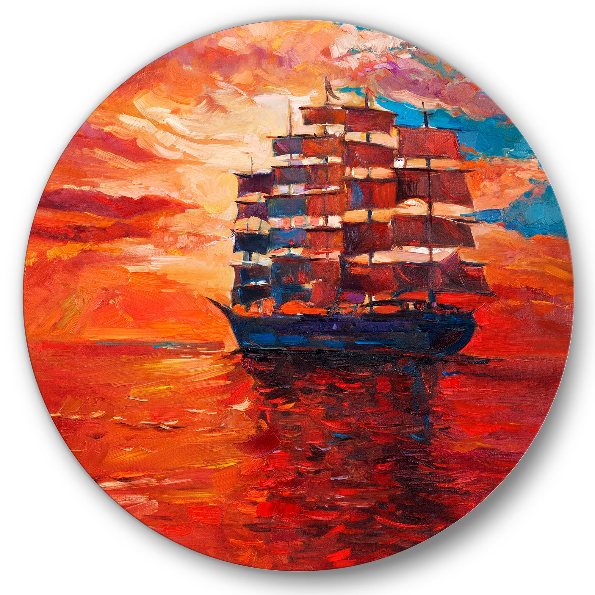 Designart 'Frigat During Red Evening Glow On The Ocean Horizon' Nautical & Coastal Circle Metal Wall Art 36x36 - Disc of 36