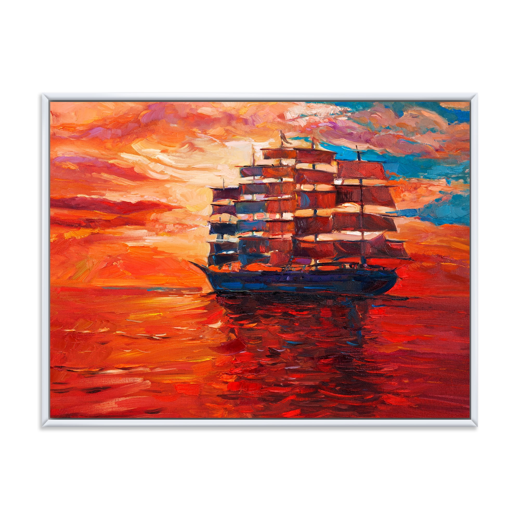 Designart 'Frigat During Red Evening Glow On The Ocean Horizon' Nautical & Coastal Framed Canvas Wall Art Print