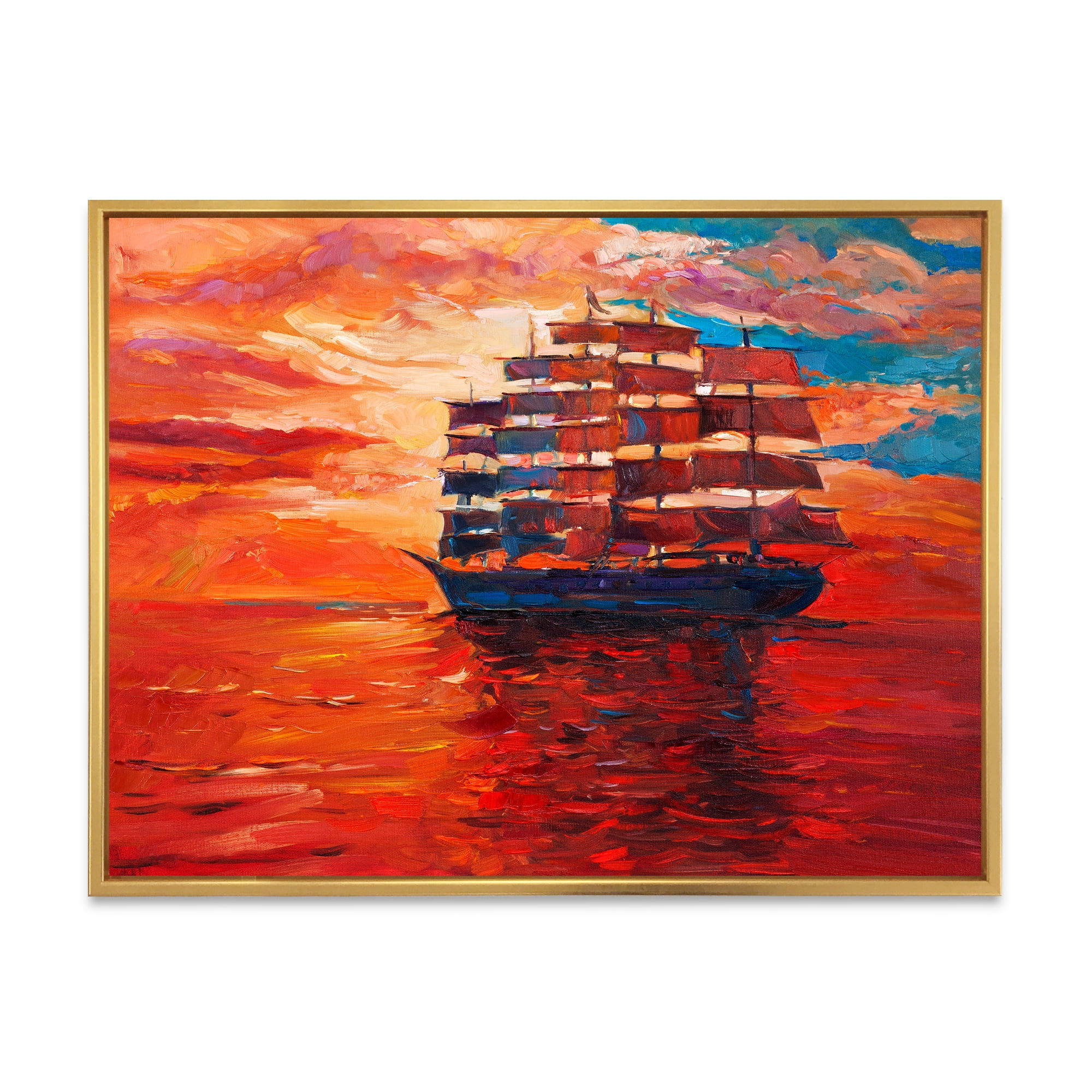 Designart 'Frigat During Red Evening Glow On The Ocean Horizon' Nautical & Coastal Framed Canvas Wall Art Print