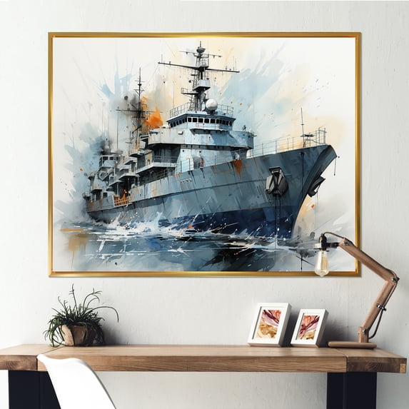Designart "Frigate Boat of Navy Army II" Americana Framed Wall Art - Global Grey Military Bedroom Framed Canvas Wall Art