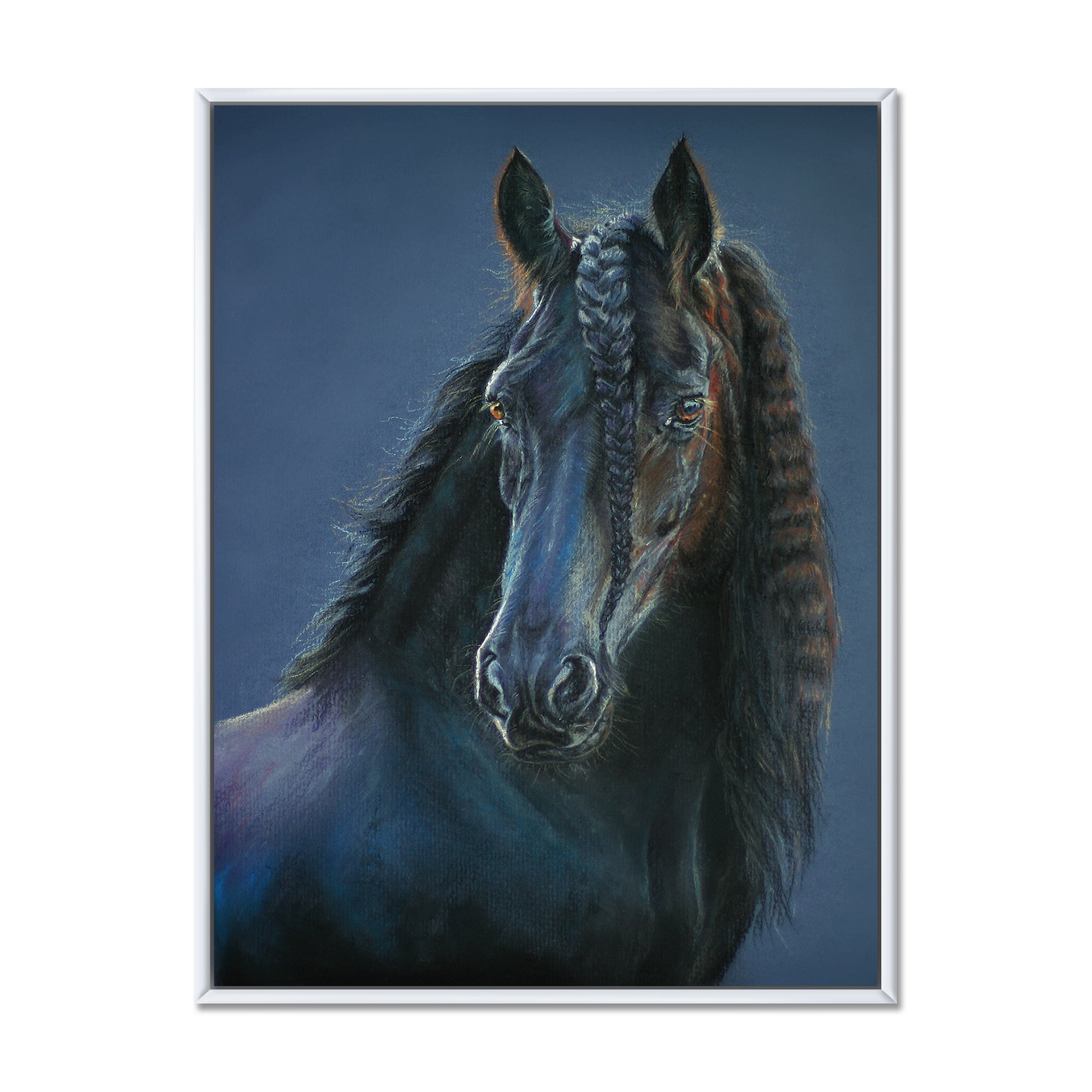 Designart 'Frisian Black Horse Portrait' Farmhouse Framed Canvas Wall Art Print