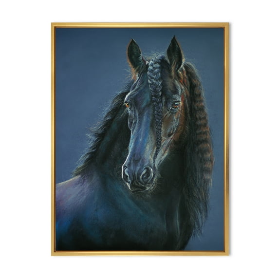 Designart 'Frisian Black Horse Portrait' Farmhouse Framed Canvas Wall Art Print