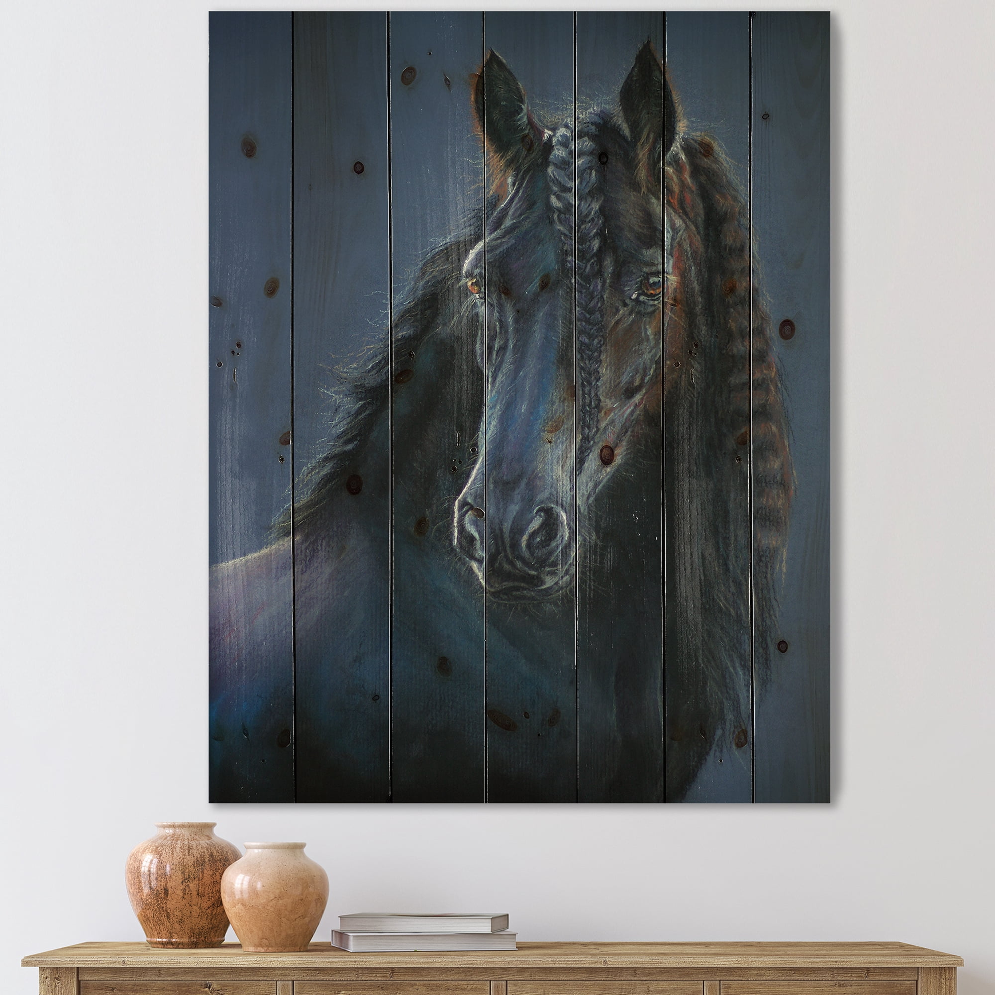 Designart 'Frisian Black Horse Portrait' Farmhouse Print on Natural Pine Wood