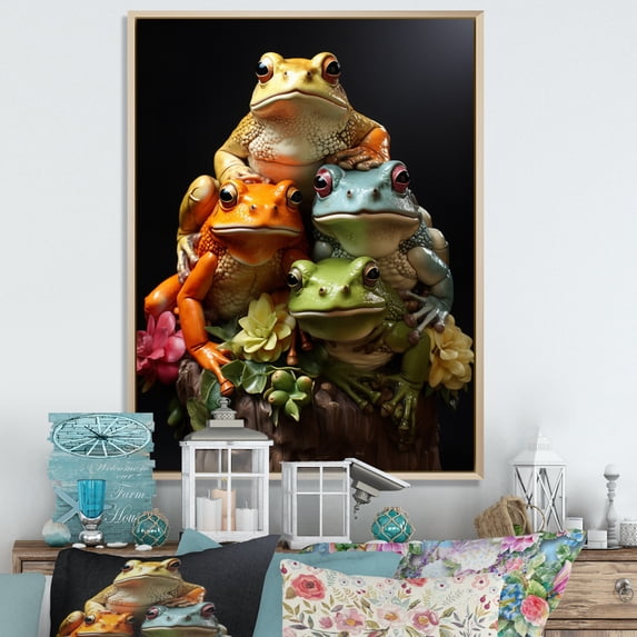 Designart "Frog Family Animal I" Animals Floater Framed Wall Art Living Room