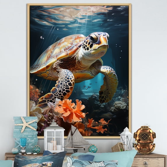 Designart "Frolicsome Oceanic Turtle I" Animals Turtle Floater Framed Canvas Prints